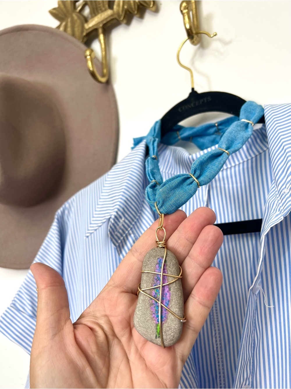 Hand painted lavender on stone linen necklace